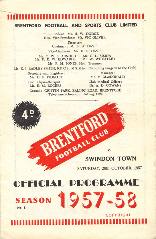<b>Saturday, October 26, 1957</b><br />vs. Brentford (Away)